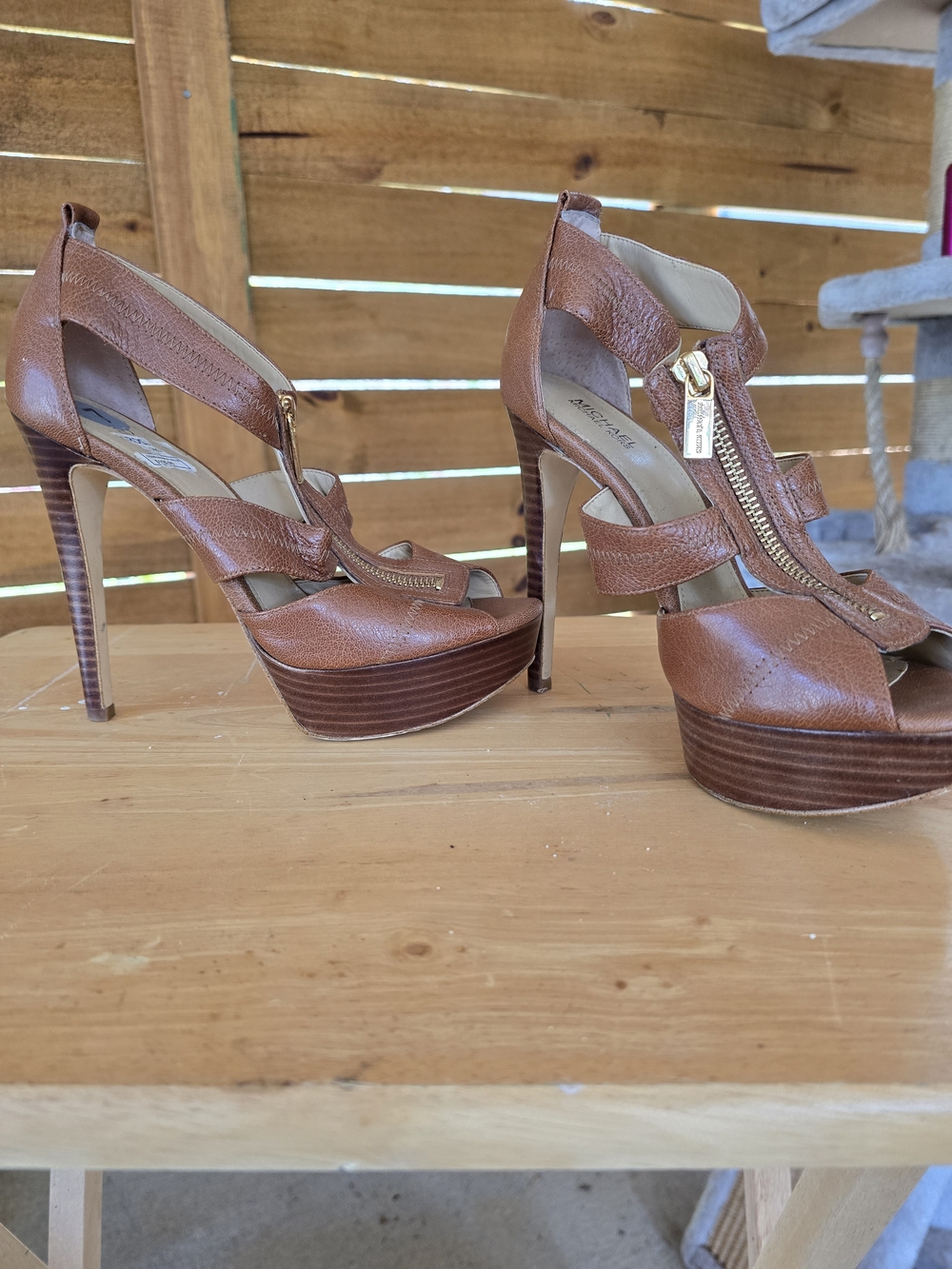 Michael Kors Tan Brown Leather Platform Zip-Heel Sandals